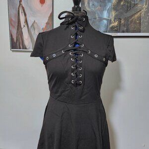 Black skater dress with lace-up high neck and cap sleeves size Medium